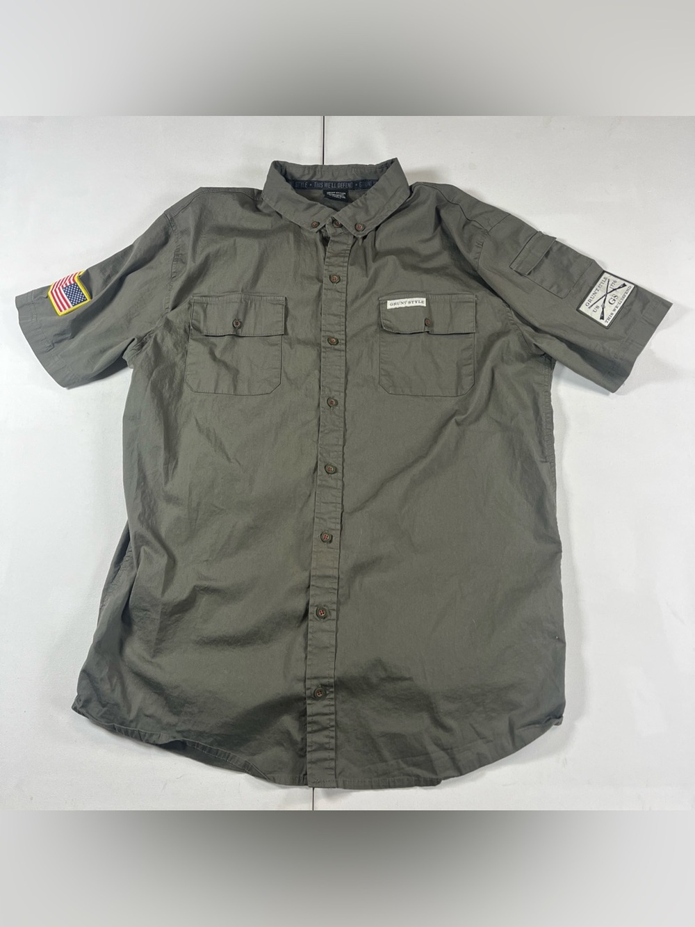 Grunt Style Short Sleeve Button Up Shirt American Flag Patch Green Men’s L